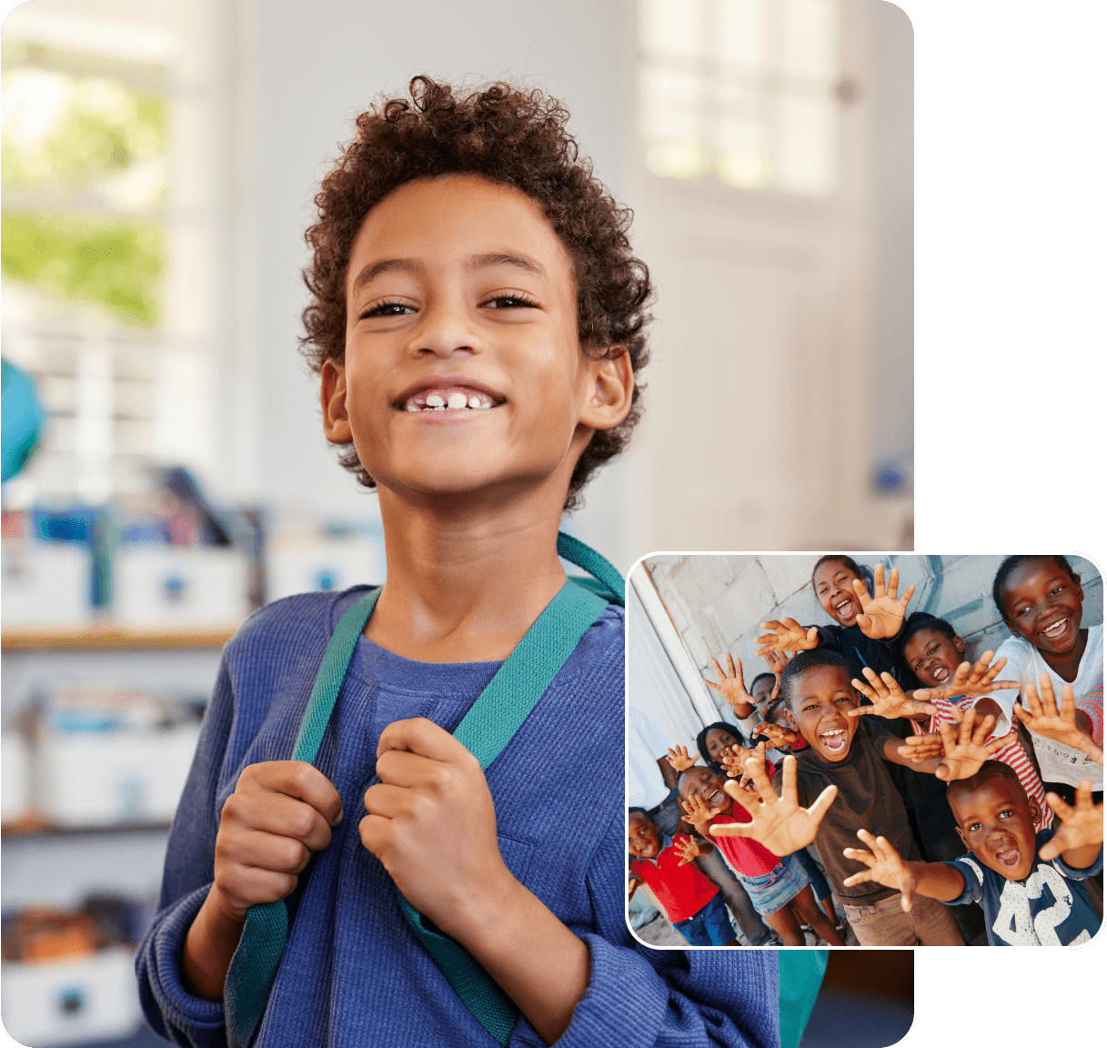 Smiling child with backpack and friends.
