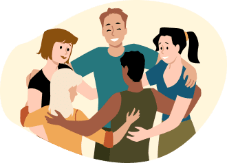 Group of five people hugging and smiling.