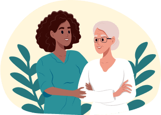 Two women smiling with leafy background.