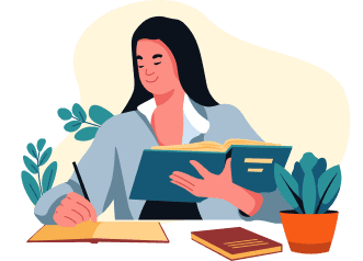 Person reading and writing at a desk.